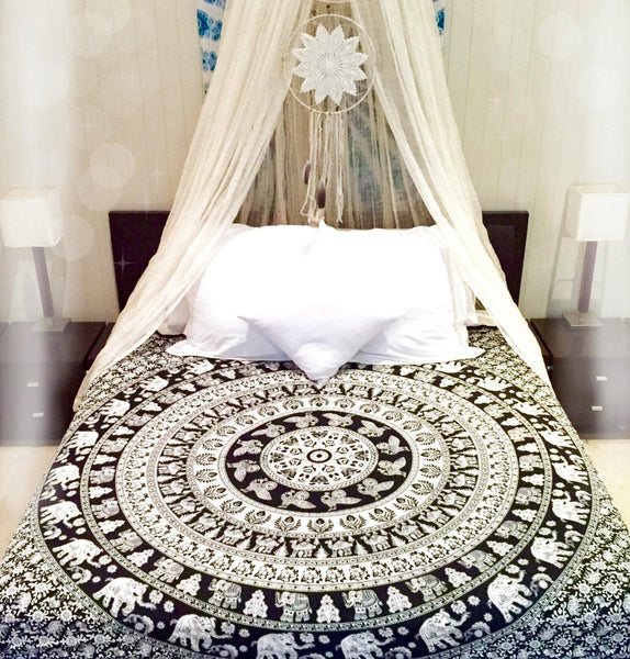 black and white tapestry wall hanging indian mandala bed cover blanket-Jaipur Handloom