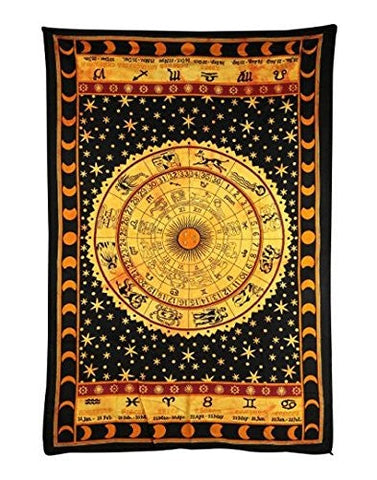 black and yellow zodiac tapestry hippie dorm astrology wall hanging-Jaipur Handloom