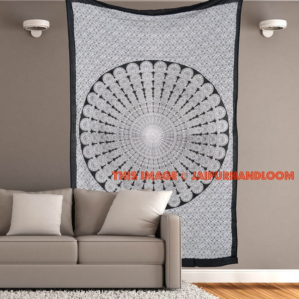 black & white psychedelic dorm tapestry indian cotton twin bedding blanket-Jaipur Handloom