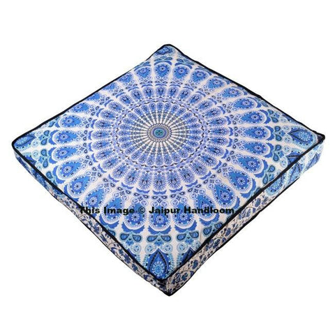 blue and white indian mandala floor cushion 35" square pouf cover-Jaipur Handloom
