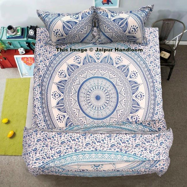blue mandala cotton 4pc bedding set with duvet cover bed sheet and pillows-Jaipur Handloom