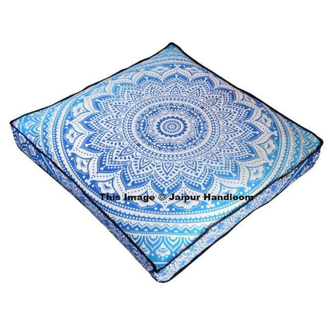 Blue Mandala Ottoman Pouf Cover Indian Ombre Square Floor Pillows-Jaipur Handloom
