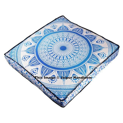 Blue Mandala Square Floor Pillow Bohemian Indian Outdoor Pouf Ottoman Cover-Jaipur Handloom