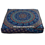 Blue Mandala Square Floor Pillow Cover 35" XL Mediation Floor Cushions-Jaipur Handloom