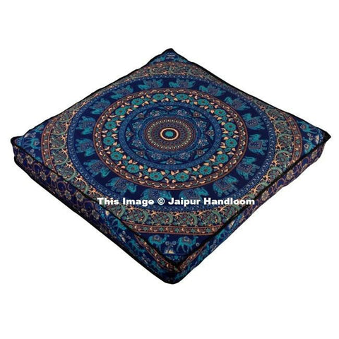 Blue Mandala Square Floor Pillow Cover 35" XL Mediation Floor Cushions-Jaipur Handloom