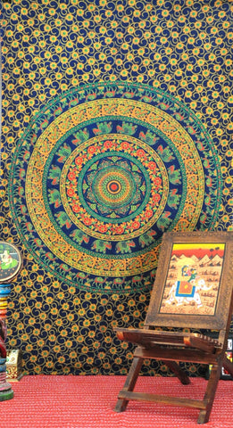 blue medallion mandala dorm tapestry hippie psychedelic wall hanging-Jaipur Handloom