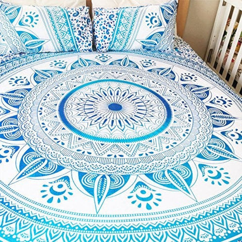 blue ombre mandala bedspread with matching cushions & pillows-Jaipur Handloom