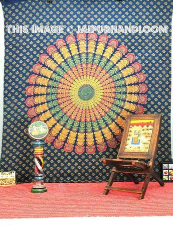 blue peacock mandala tapestry wall hanging hippie college room tapestry-Jaipur Handloom