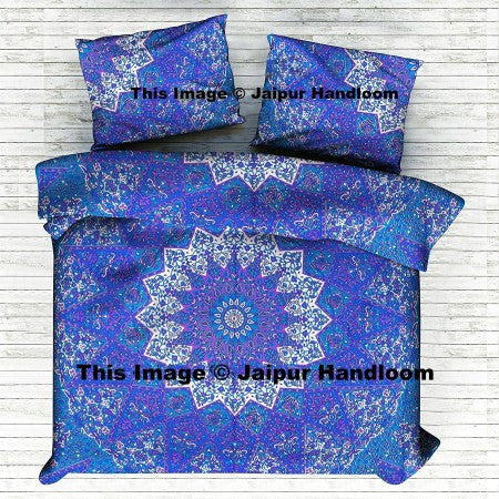 blue star mandala duvet cover with pillow cases indian cotton donna cover set-Jaipur Handloom