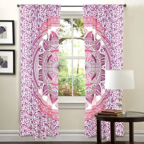 bohemian pink mandala door curtains large cotton 2 panel window drapes-Jaipur Handloom