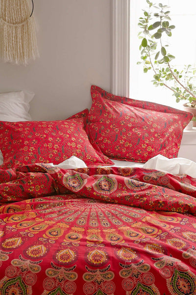bohemian red queen mandala bed cover with matching pillow cases-Jaipur Handloom