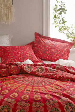 bohemian red queen mandala bed cover with matching pillow cases-Jaipur Handloom