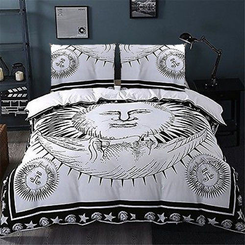 Bohemian White Sun Queen Bedding Set With Duvet cover and pillow cases-Jaipur Handloom