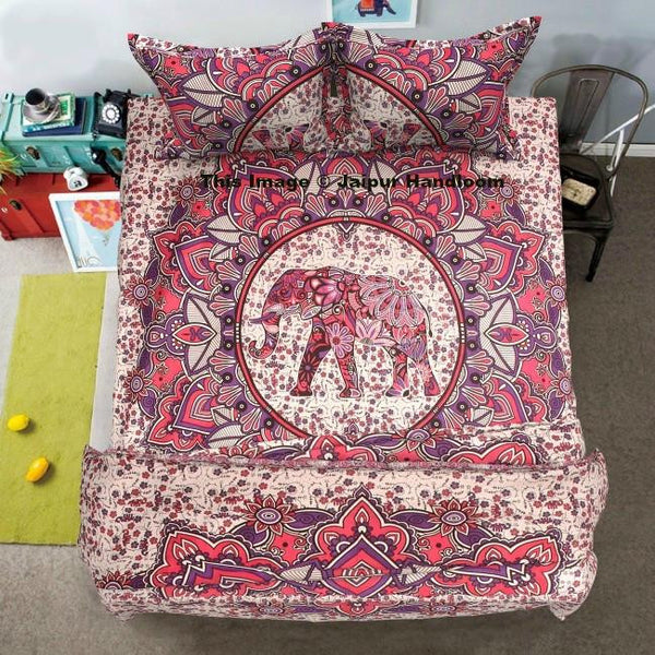 boho chic pink elephant mandala duvet cover set with sheet and pillows-Jaipur Handloom