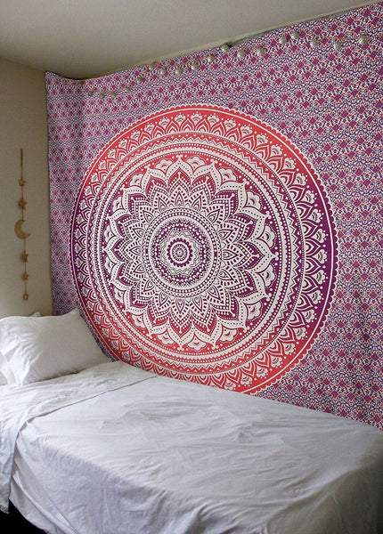boho chic pink ombre mandala tapestry Psychedelic Tapestries-Jaipur Handloom