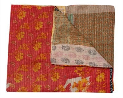 cotton kantha stitched twin bedspread vintage sofa blanket throw-Jaipur Handloom