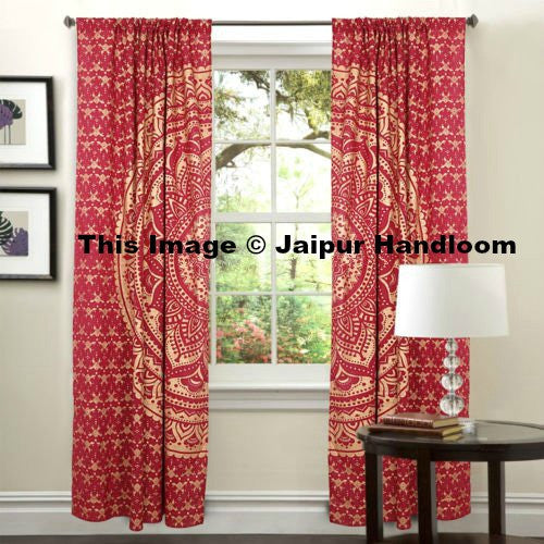 Golden Mandala Living Room Door Curtains Indian Cotton 2 Panel Window Hanging-Jaipur Handloom