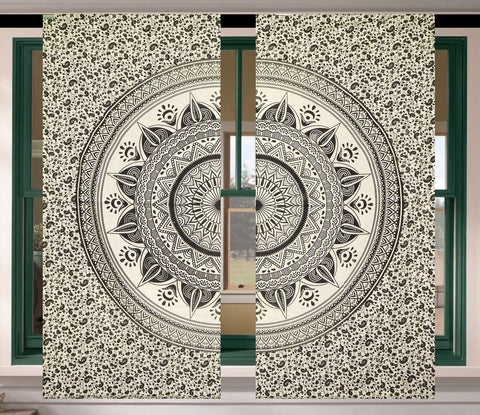 Gray Mandala Curtain Set Boho Indian Tapestry Window Hanging Door Drapes-Jaipur Handloom