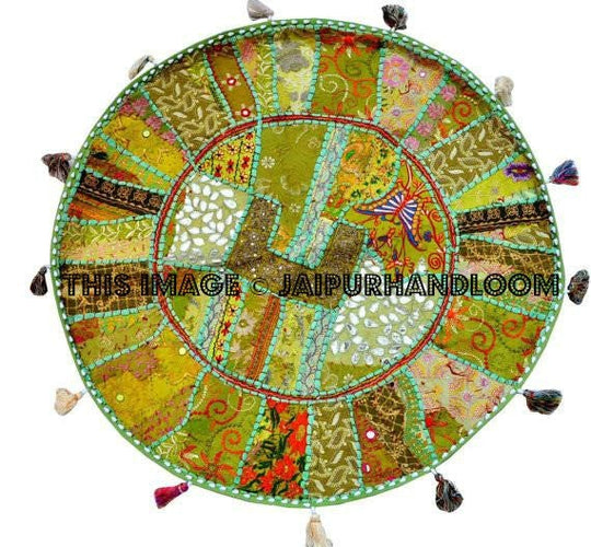 green XL 32" Round Floor Pillow Patchwork Handmade bean bag cushion pillow Vintage Indian FootStool-Jaipur Handloom