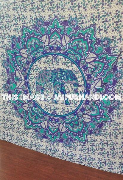 green and blue hippie wall tapestries elephant mandala sofa throws on sale-Jaipur Handloom