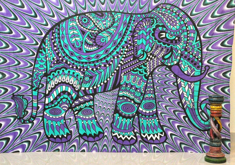 green and purple psychedelic elephant tapestry twin dorm elephant bedding-Jaipur Handloom