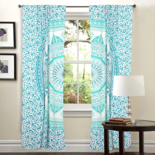 Green mandala 2 panels door curtains bohemian window drapes curtains-Jaipur Handloom
