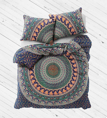 hippie camel printed queen mandala bed cover and matching pillows-Jaipur Handloom
