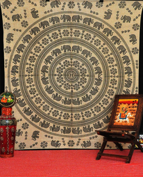 hippie elephant tapestry beige dorm room bedding cotton sofa couch throw-Jaipur Handloom