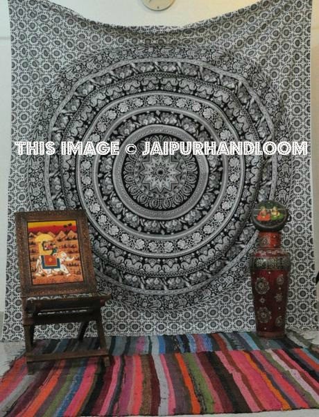 hippie mandala tapestry black and white dorm room bedding bed sheet-Jaipur Handloom