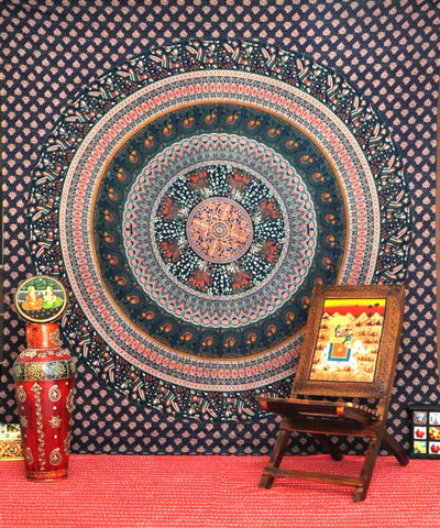 indian elephant Manadala Tapestry queen cotton dorm room bedding throw-Jaipur Handloom