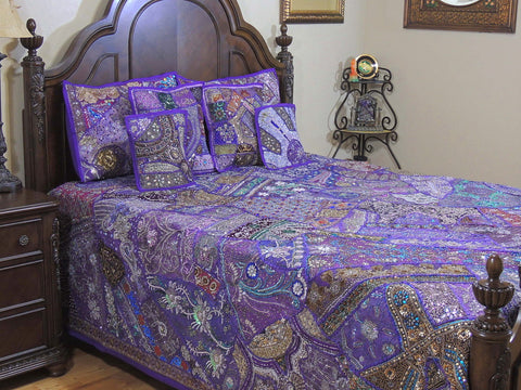 Indian Embroidered Vintage Queen Bed cover Applique Bohemian Bedding Set-Jaipur Handloom