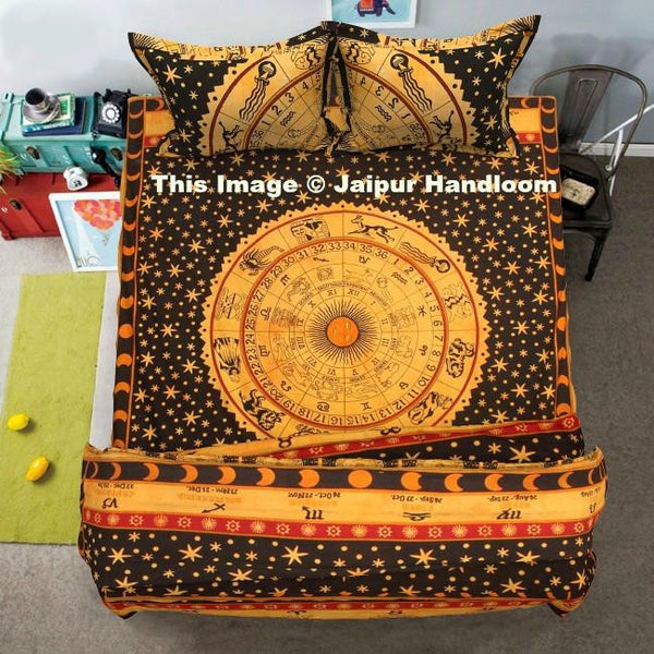 indian horoscope mandala duvet cover set with bedsheet and pillows-Jaipur Handloom