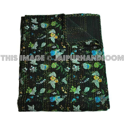 indian kantha quilt in queen size Black Quilt sofa throw blanket-Jaipur Handloom