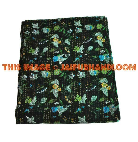 indian kantha quilt in queen size Black Quilt sofa throw blanket-Jaipur Handloom