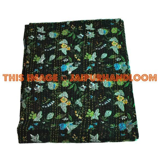 indian kantha quilt in queen size Black Quilt sofa throw blanket-Jaipur Handloom