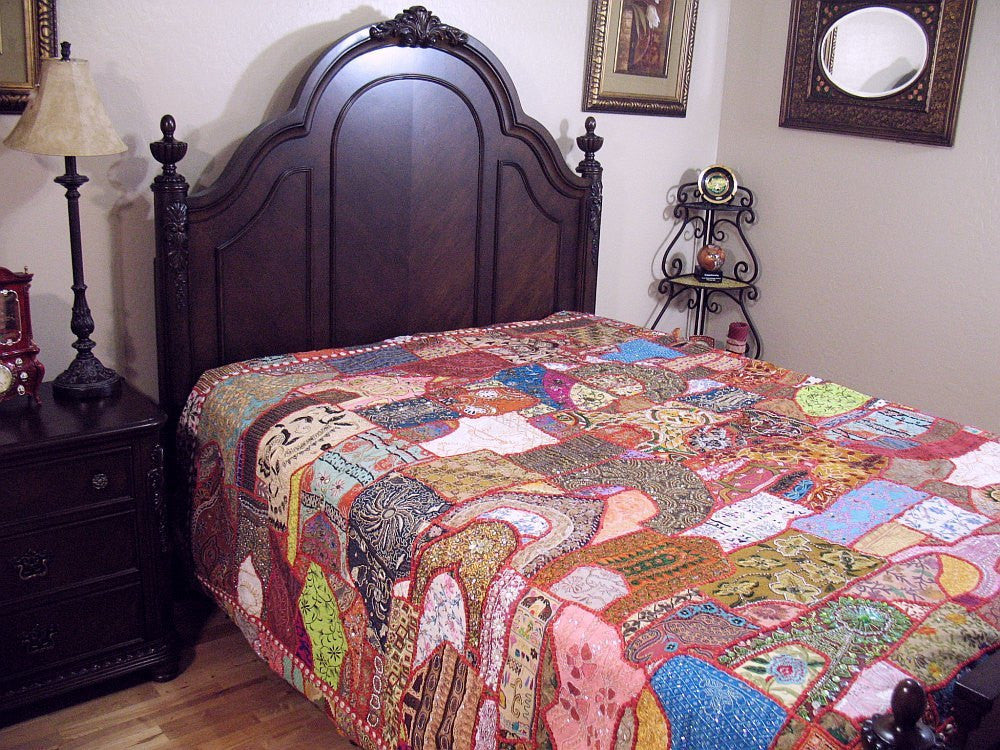 Indian Patchwork Vintage Sari Queen Bedding set with pillow cases and cushions-Jaipur Handloom