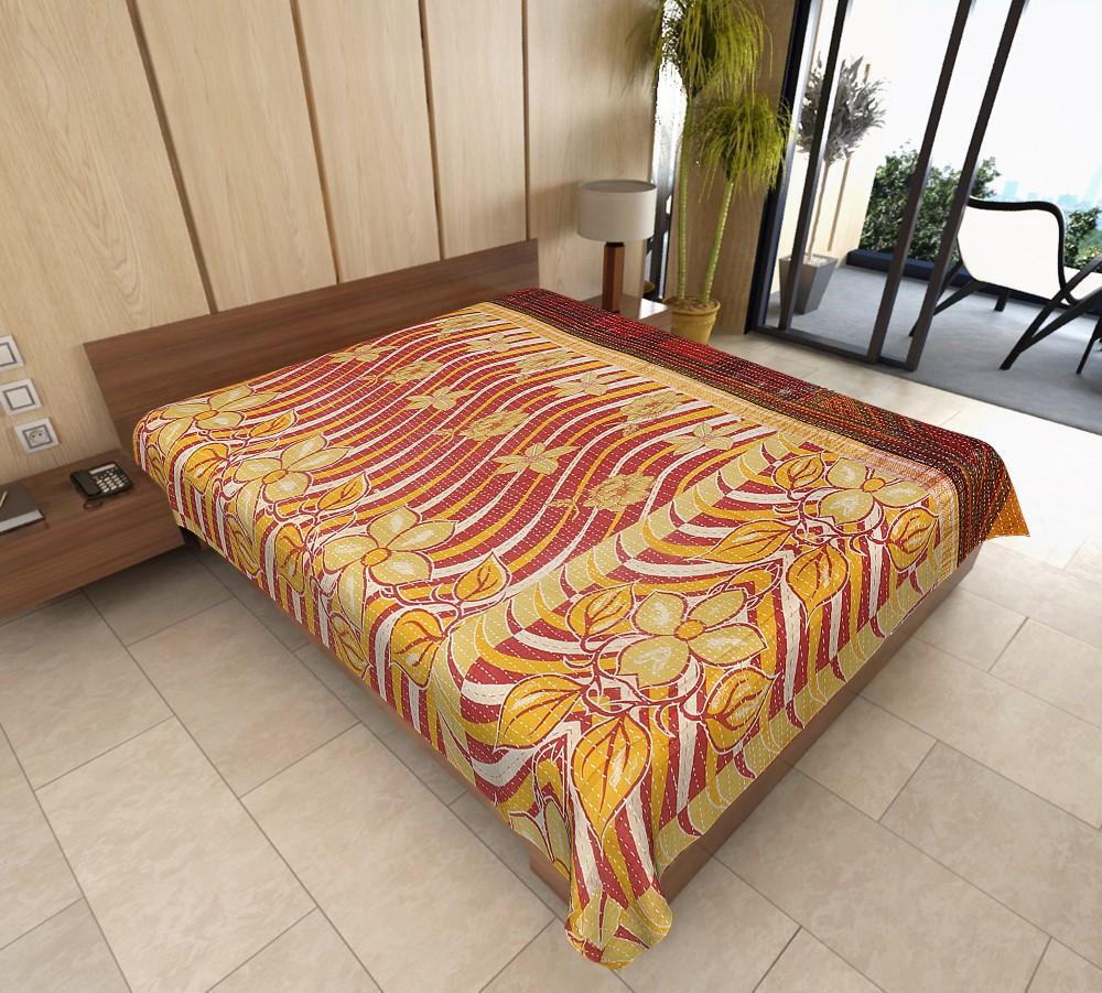 Indian Reversible Kantha Throw Hand Stitched Kantha Gudri Bedspread-Jaipur Handloom