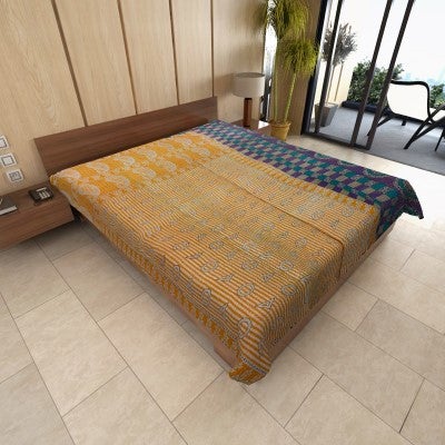 indian sari kantha throws handmade quilted kantha bedding blanket-Jaipur Handloom