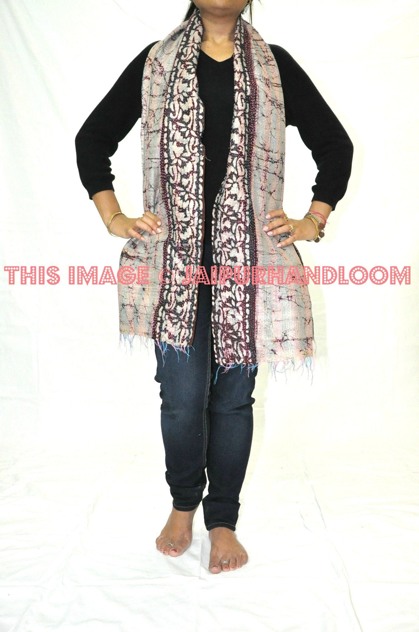 kantha sari scarf - Poppy-Jaipur Handloom