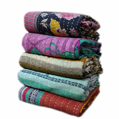 kantha throw wholesale - 5pc lot of indian kantha quilts throw-Jaipur Handloom