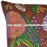 large Kantha Pillow Cover, decorative kantha throw pillows, Brown Handmade Floral Kantha Pillow, indian Pillow, kantha Cotton Pillow cushions-Jaipur Handloom