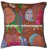 large Kantha Pillow Cover, decorative kantha throw pillows, Brown Handmade Floral Kantha Pillow, indian Pillow, kantha Cotton Pillow cushions-Jaipur Handloom