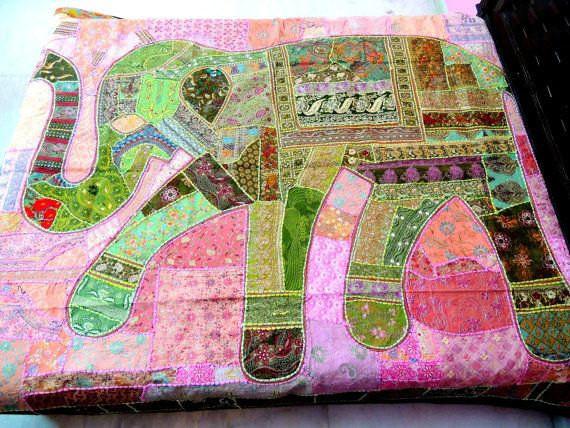 large elephant patchwork tapestry bohemian embroidered queen bed cover blanket-Jaipur Handloom