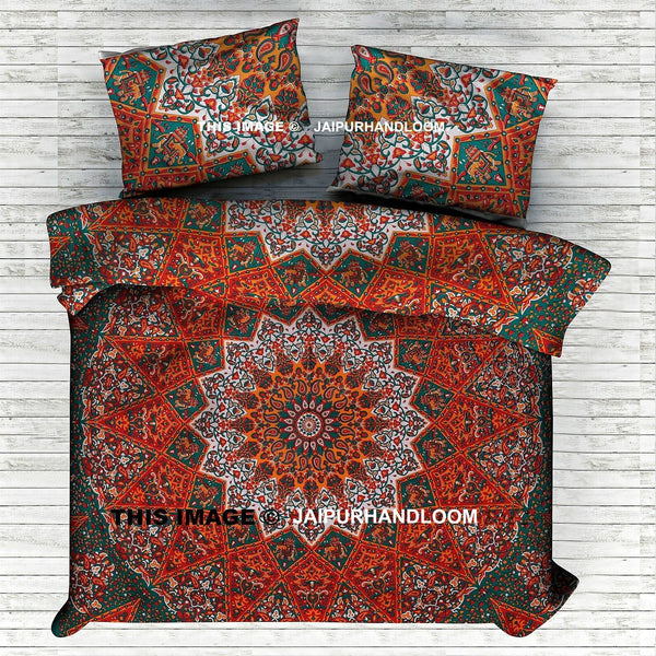 magical star orange queen bed cover with matching pillows-Jaipur Handloom