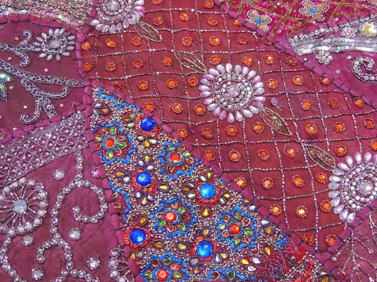 maroon queen size embroidered patchwork bedding set with pillow cases-Jaipur Handloom