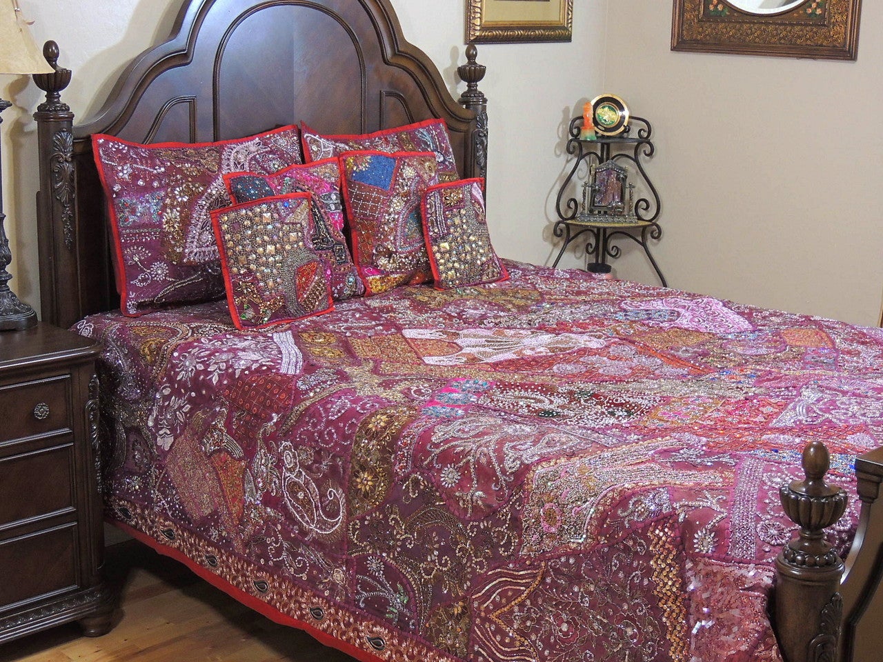 maroon queen size embroidered patchwork bedding set with pillow cases-Jaipur Handloom