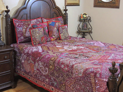 maroon queen size embroidered patchwork bedding set with pillow cases-Jaipur Handloom