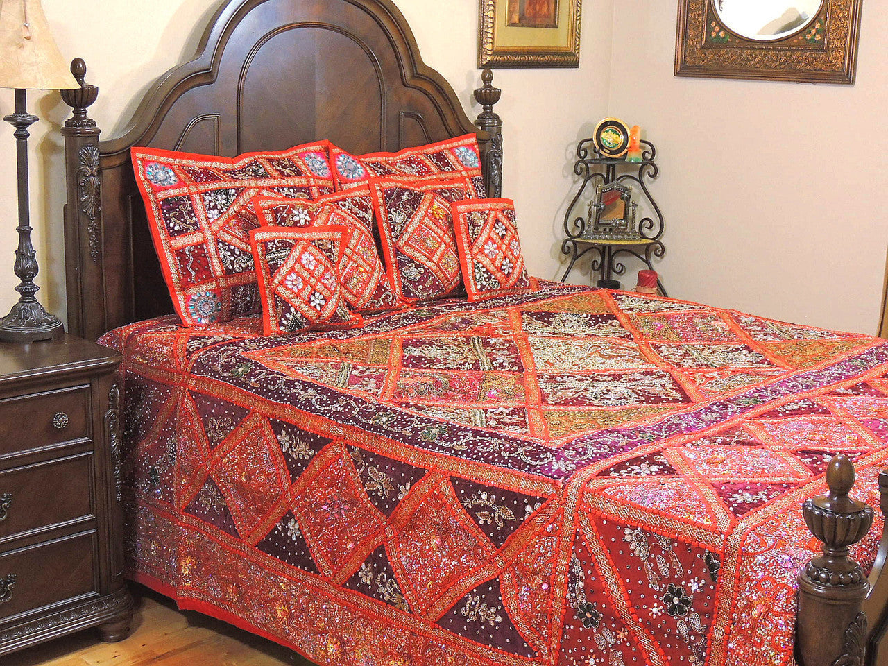 Orange Bohemian Patchwork Bedding set Indian Applique Queen Bed cover-Jaipur Handloom