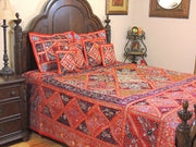 Orange Bohemian Patchwork Bedding set Indian Applique Queen Bed cover-Jaipur Handloom