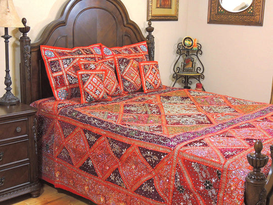 Orange Bohemian Patchwork Bedding set Indian Applique Queen Bed cover-Jaipur Handloom